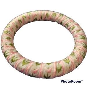 Balletcore Boho Soft Girl Pink Green Cream Print Ribbon Wrapped Bangle Bracelet